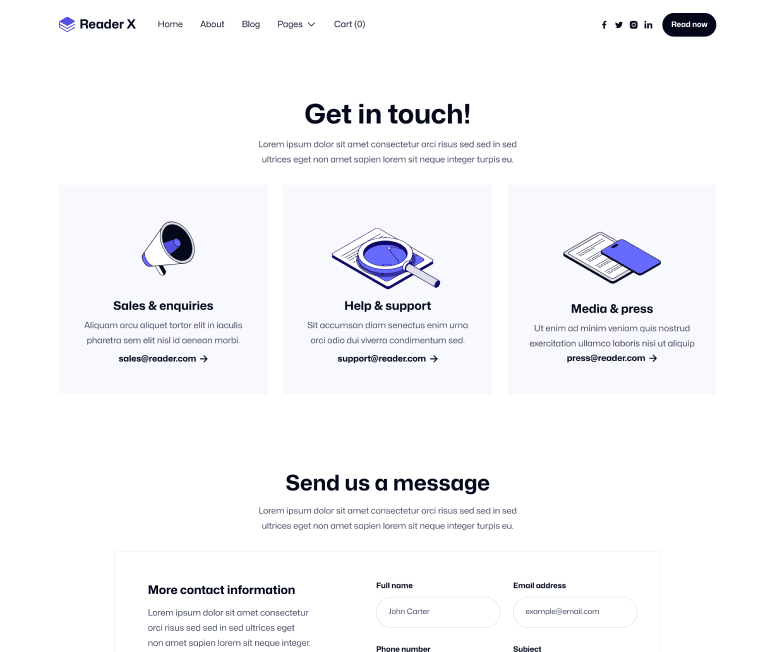 Reader X - Contact V3 Main Page - Ebook Webflow Template